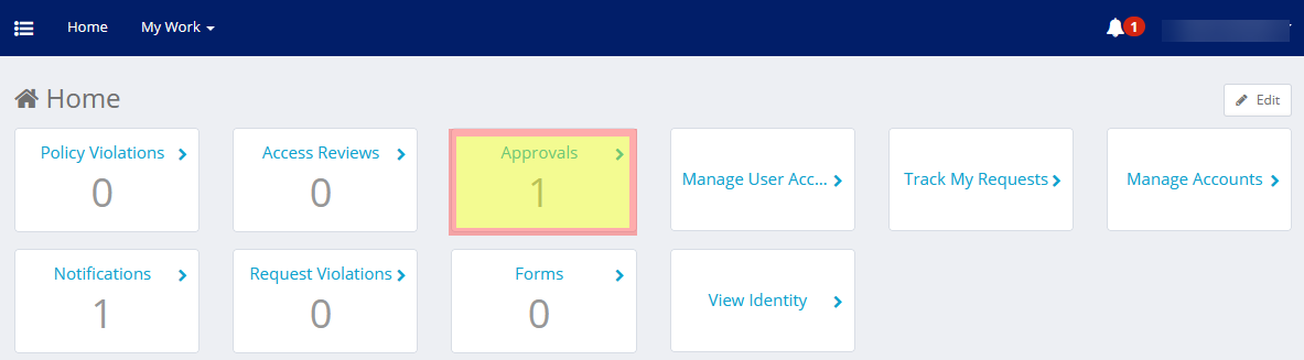 Screenshot of home user interface with manage approvals highlighted as seen in IdentityIQ.