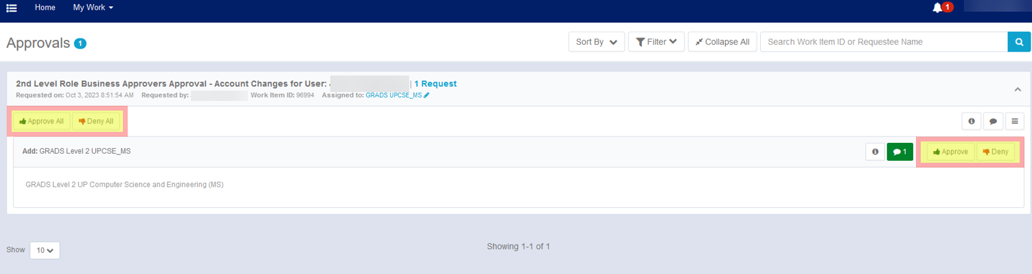 Screenshot of the approvals interface in IdentityIQ.