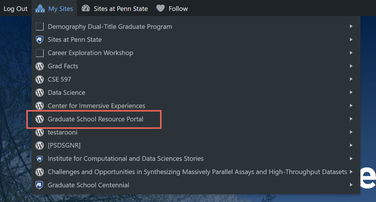 Screenshot of Sites@Penn State navigation