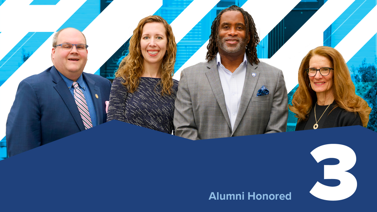 four people stand for photo, with embedded text: 3 alumni honored