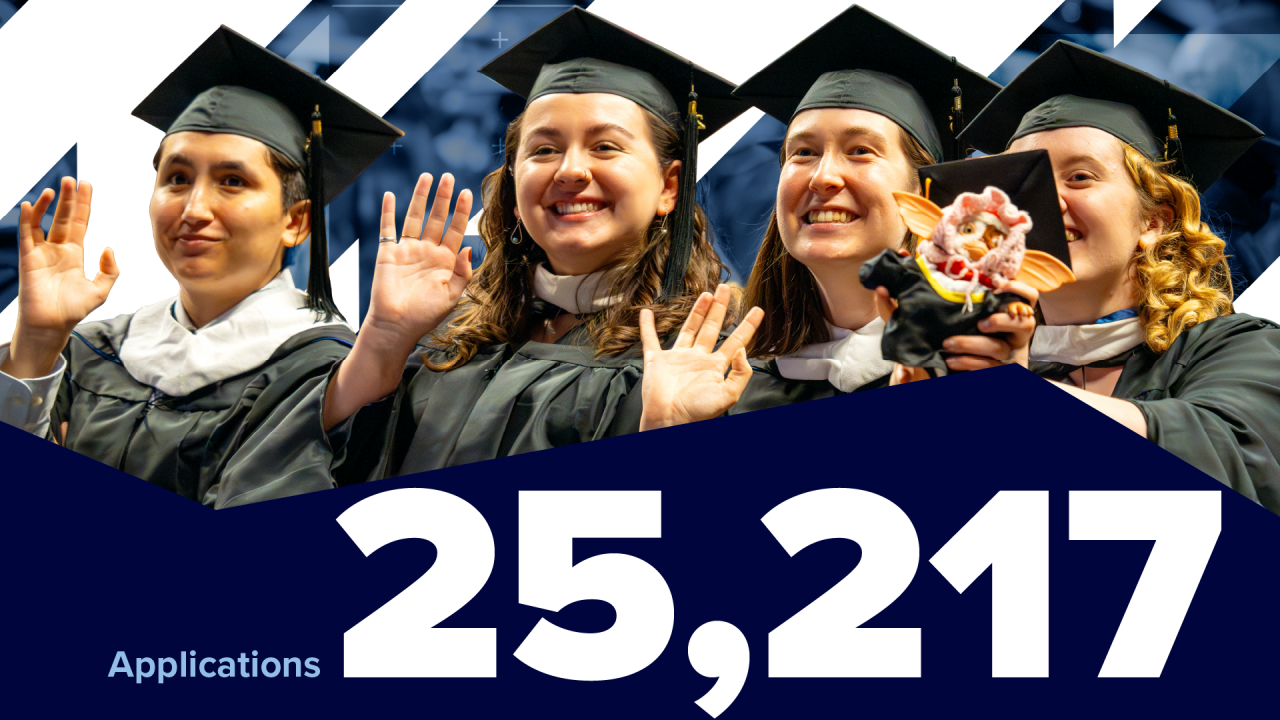 students waving at commencement, with text embedded, 25,217 applications
