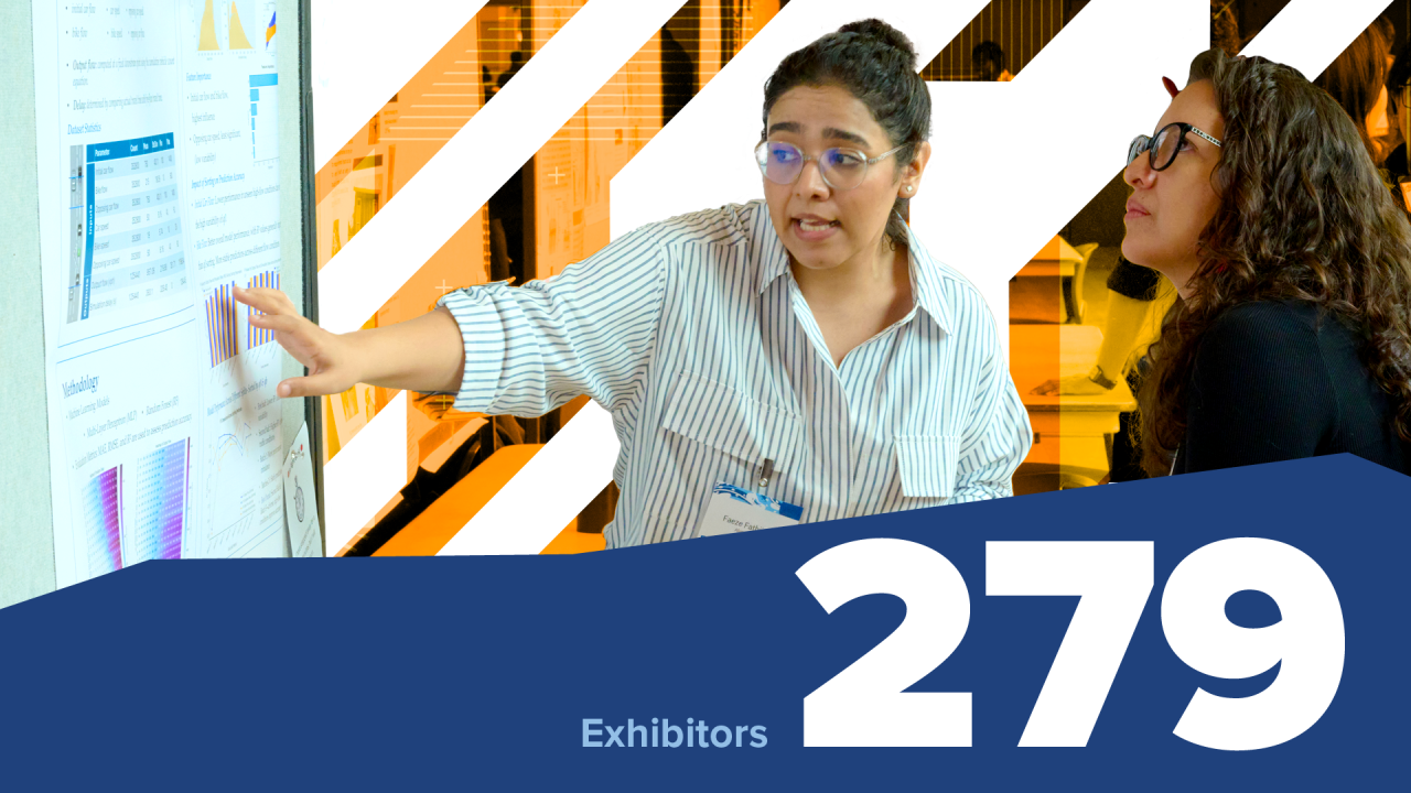 person pointing to a poster while discussing research. embedded text: 279 exhibitors