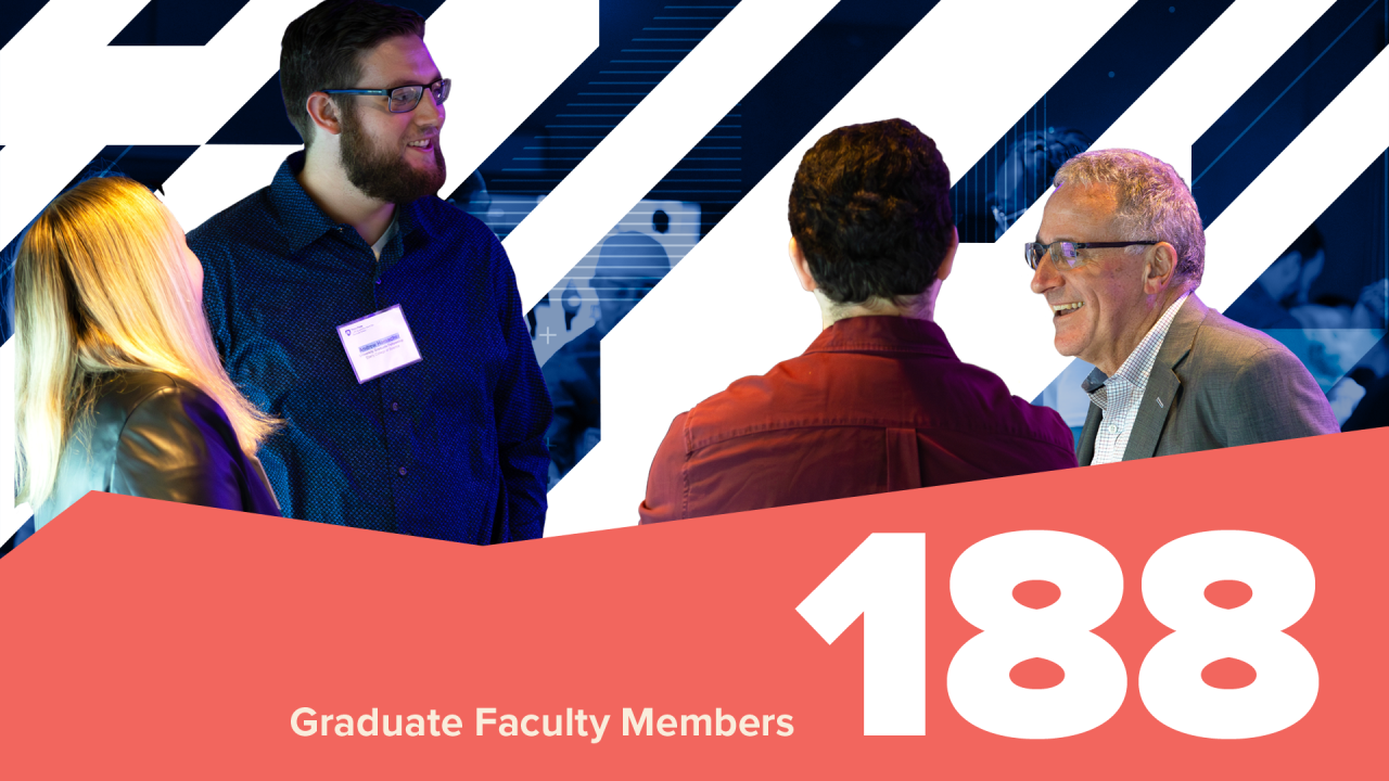 people standing around having conversation, with embedded text, 188 Graduate Faculty Members