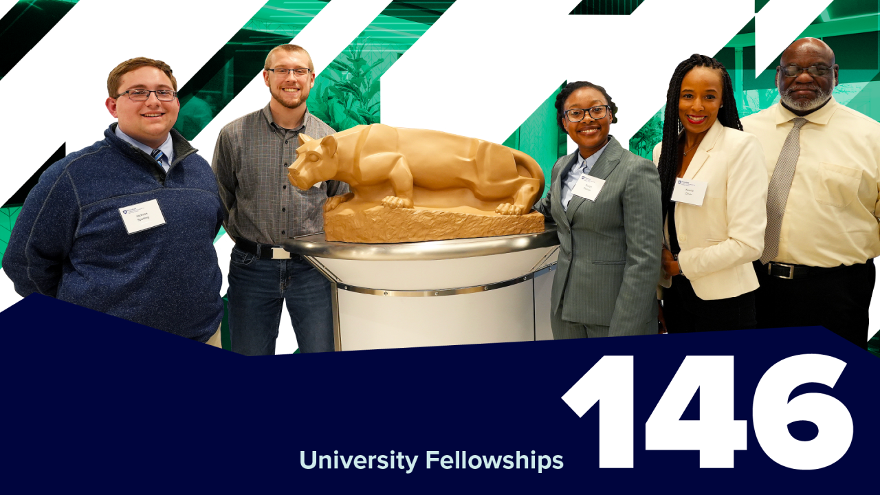 5 people stand next to miniature lion shrine statue, with embedded text 146 university fellowships