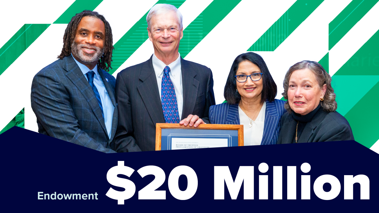 Jeff and Ann Marie Fox stand with Dean Esters and Neeli Bendapudi, with text $20 million endowment embedded