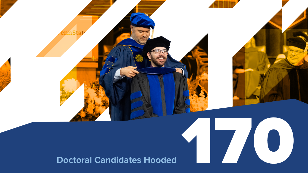 student being hooded on stage at commencement. embedded text: 170 doctoral candidates hooded