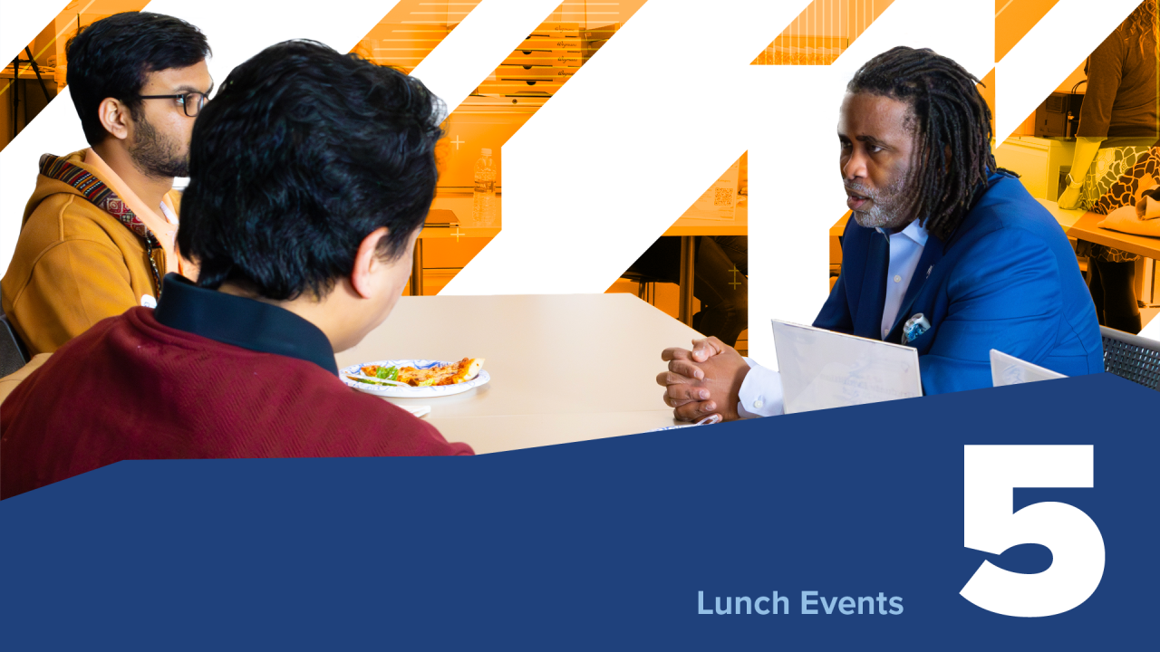people having conversation at table. embedded text: 5 lunch events