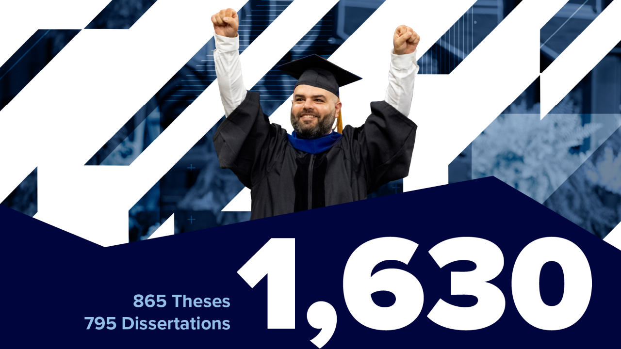 man raises his arms at commencement. embedded text indicates 865 theses and 795 dissertations were processed for a total of 1,630 manuscripts