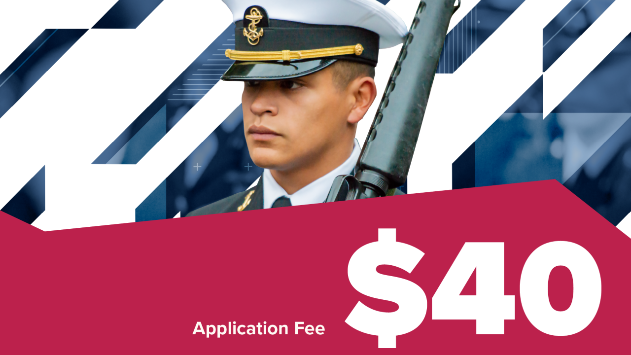 person in military uniform, with embedded text, $40 application fee