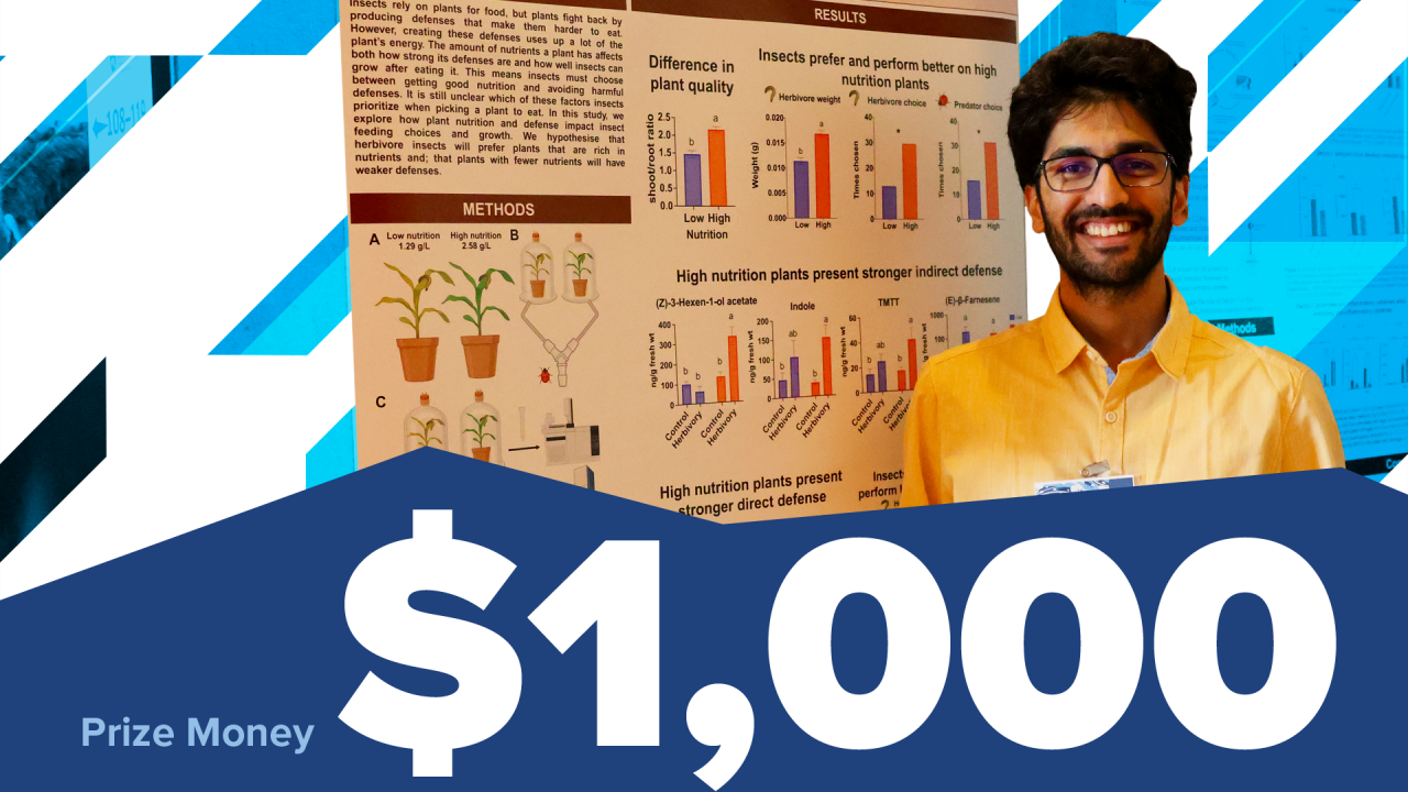 student standing for photo next to research poster. embedded text: $1,000 prize money