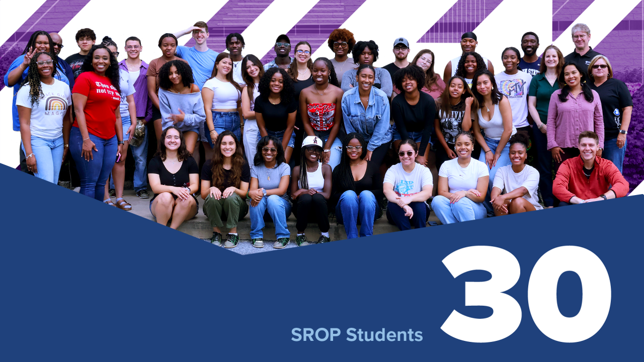 group of students post for photos, with embedded text, 30 SROP students