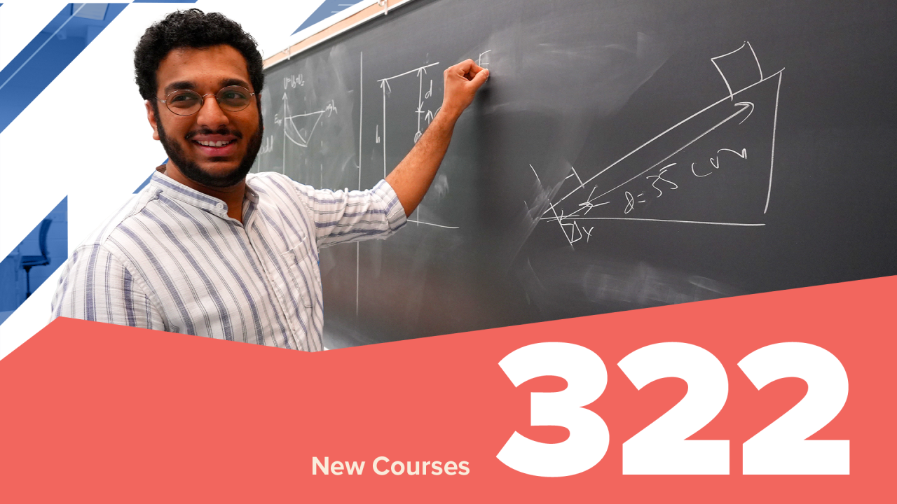 person writing at chalkboard with embedded text, 322 new courses
