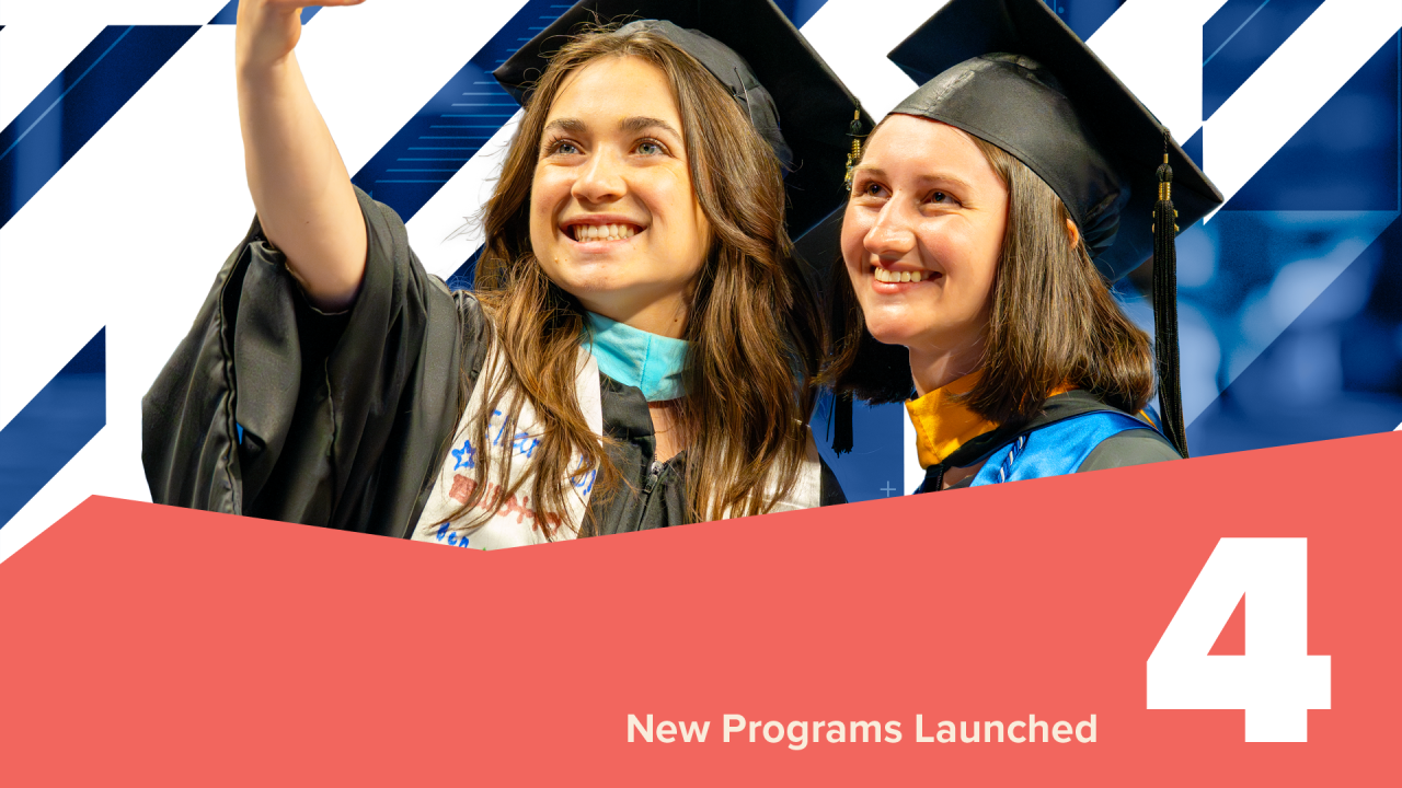 students taking selfie at commencement. embedded text: 4 new programs launched