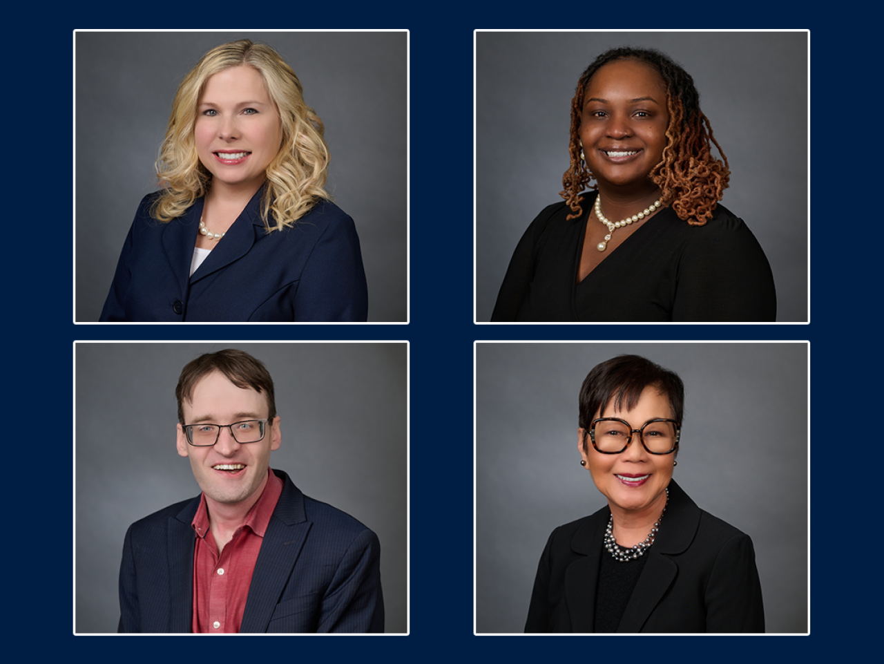 Composite of portraits of: Julie A. Cerrito, Melanie R. McReynolds, Scott Michael Robertson, and Vivian Briones Valenty.