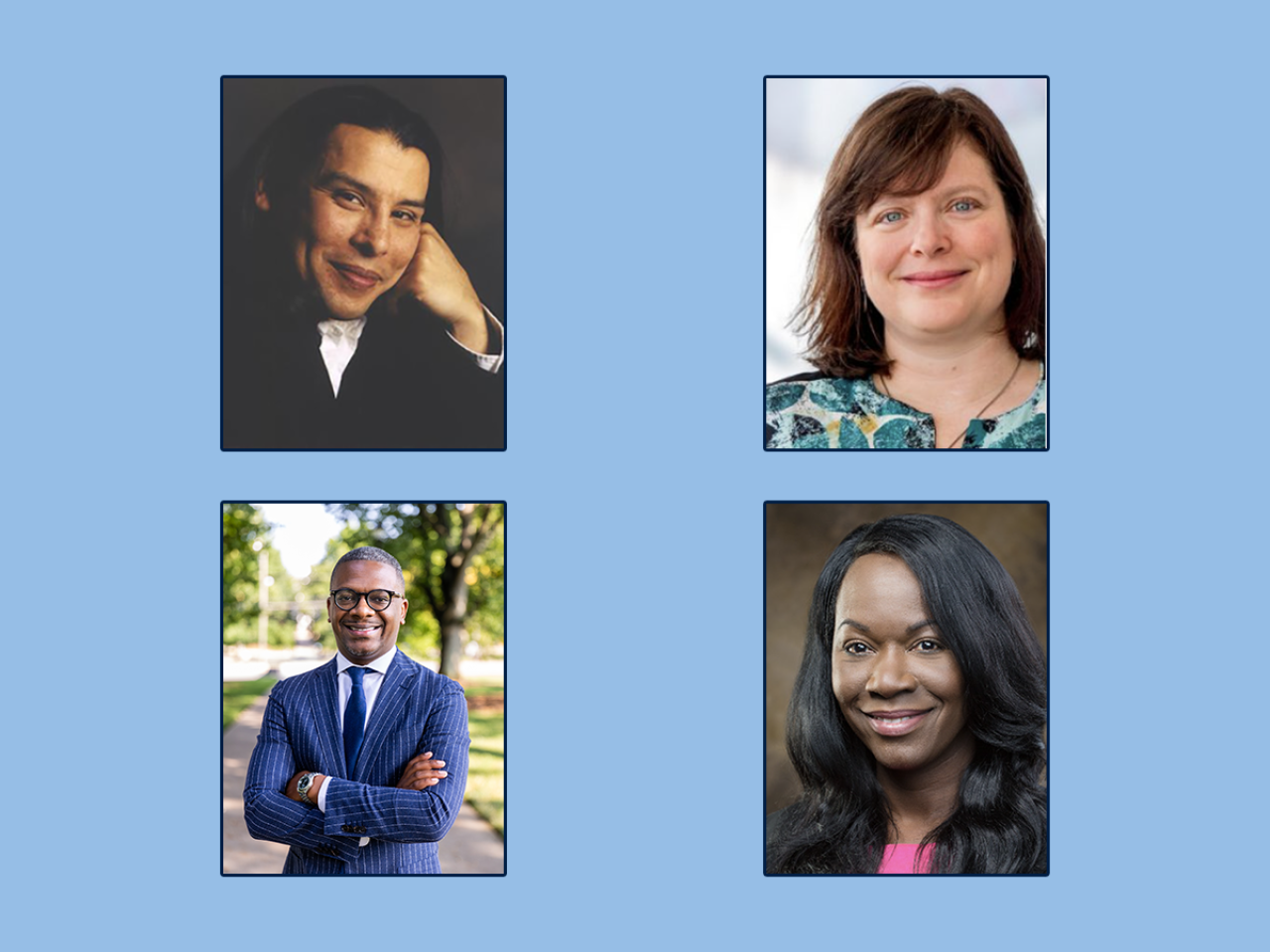 Portraits of four speakers at event.