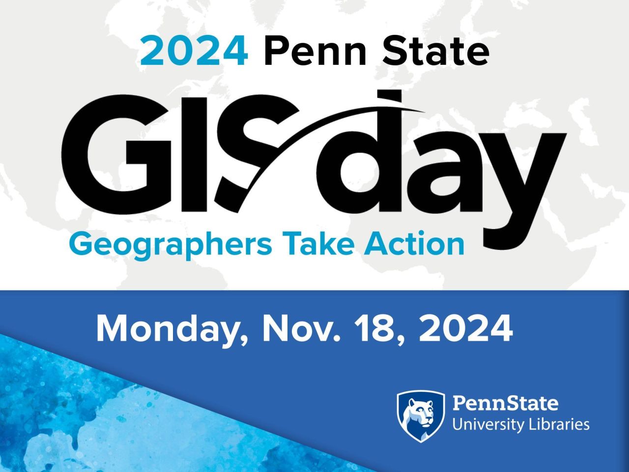 <p>Penn State University Libraries will observe GIS Day — an annual event celebrating the technology of geographic information systems — on Nov. 18 and 19. This year’s sessions focus on geospatial presentation, networking opportunities and student engagement, with the theme “Geographers Take Action.” The event is co-sponsored with the Department of Geography.</p>
