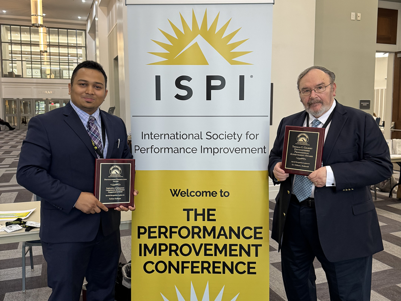 <p>William Rothwell, distinguished professor of workforce education and development, has been honored with the Thomas F. Gilbert Distinguished Professional Achievement Award while Farhan Sadique, who received a Ph.D. in workforce development and training from Penn State and is now an assistant professor at Kansas State University, received the Distinguished Dissertation Award at the recent conference for the International Society for Performance Improvement (ISPI) in Jacksonville, Florida.</p>