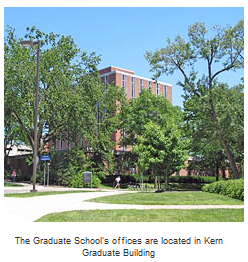 Kern Graduate Building viewed from the Fisher Plaza